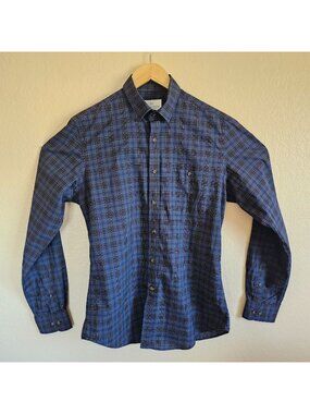 Hugh & Crye Mens Tall Slim Fit Blue Plaid Long Sleeve Button-Up Shirt 100% Cotto